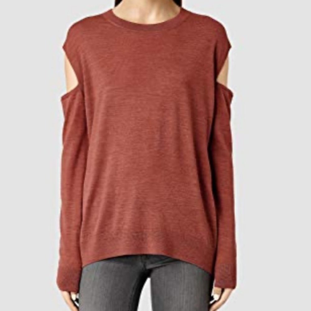 AllSaints women S Elion cold shoulder merino wool sweater minimalist academia‎